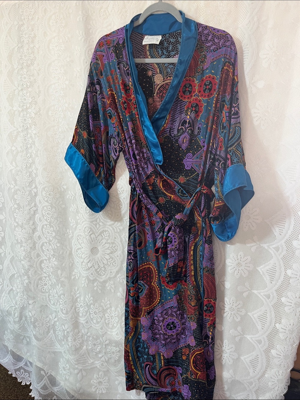 Mary MaFadden Vintage Boho Wrap Robe with Teal Satin Trim S